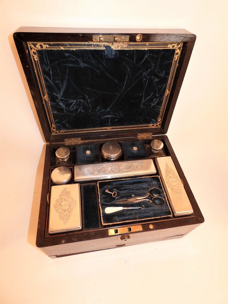 Appraisal: ENGLISH ROSEWOOD STERLING VANITY CASE Fine mid th century English