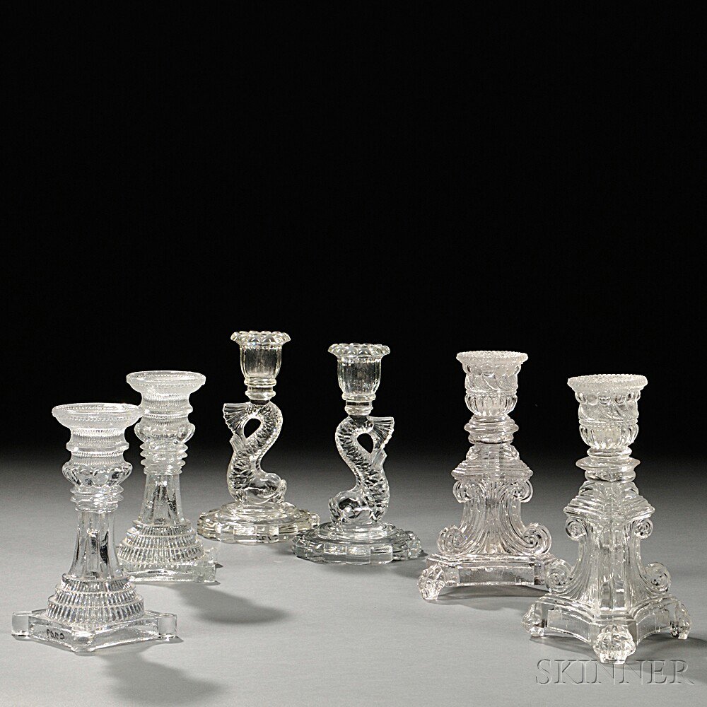 Appraisal: Three Pairs of Colorless Pressed Glass Candlesticks early to mid-