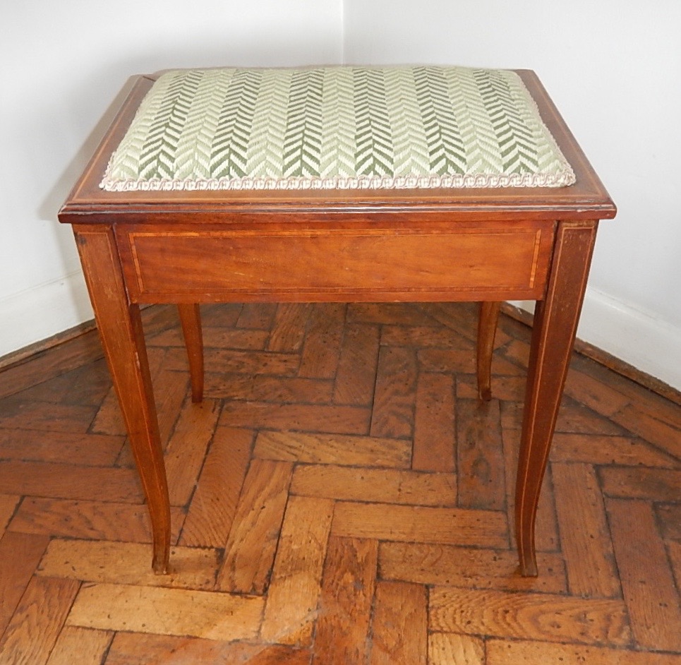 Appraisal: A Sheraton Revival inlaid mahogany dressing stool with wool needlework