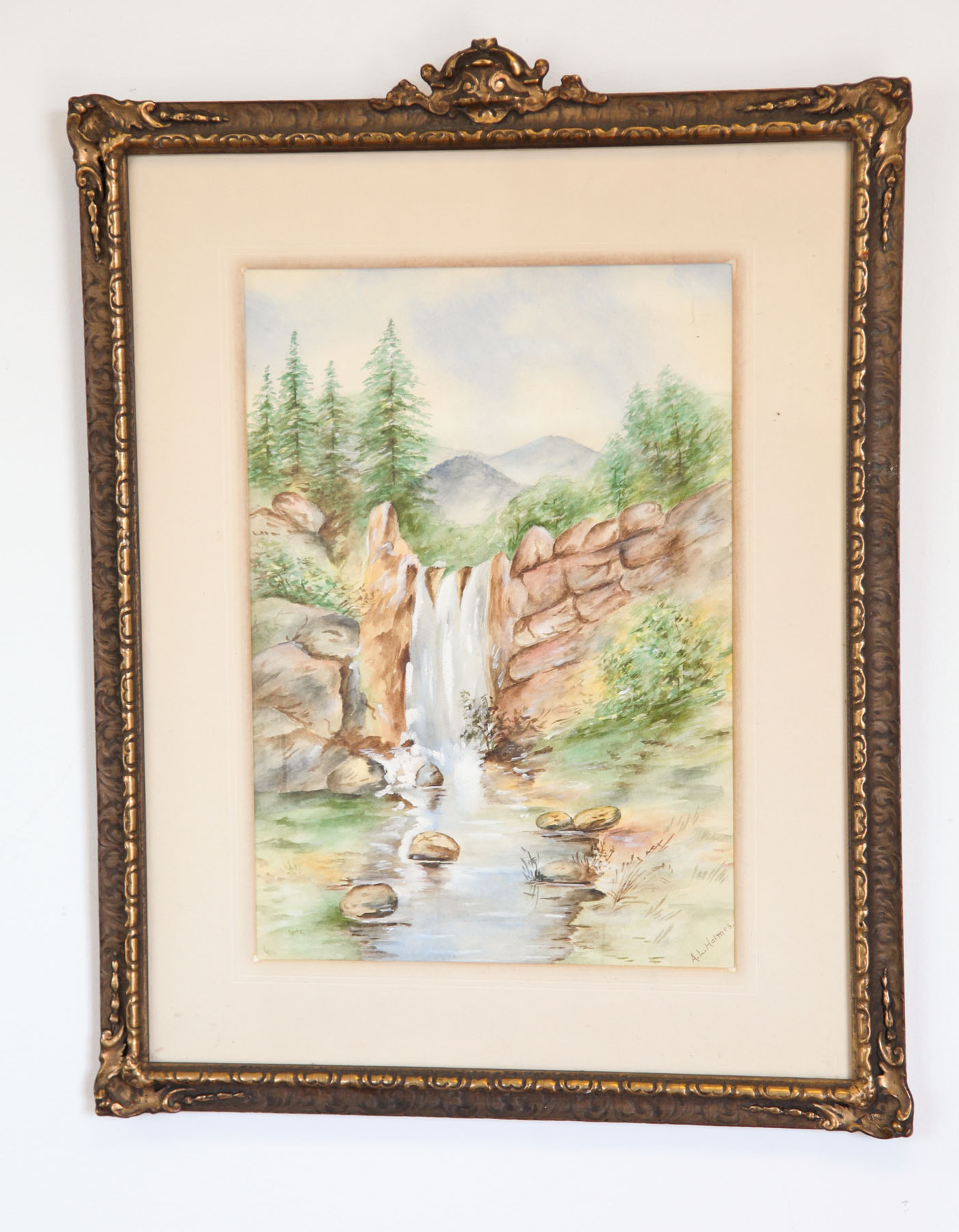 Appraisal: WATERFALL LANDSCAPE PAINTING AMERICAN TH CENTURY Watercolor on paper signed