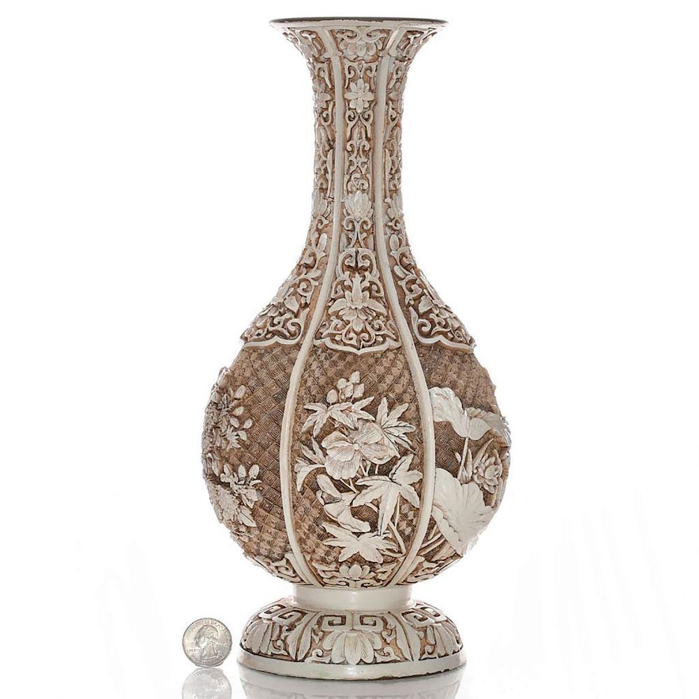 Appraisal: ARNART IMPORTS IVORY DYNASTY FAUX CINNABAR VASE Carved floral design