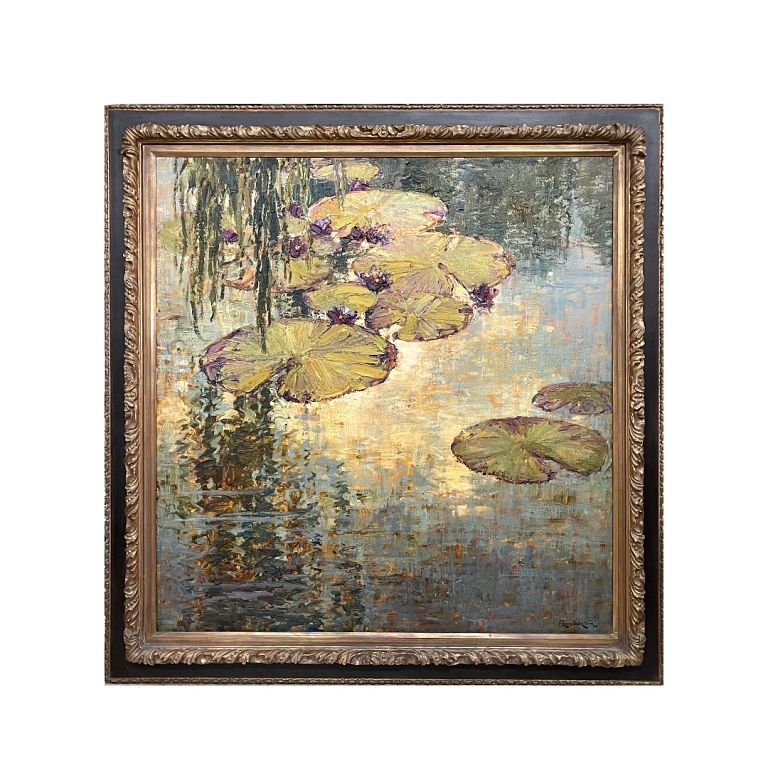 Appraisal: Alan Wolton English born Violet Blooms on Golden Pads Impressionist