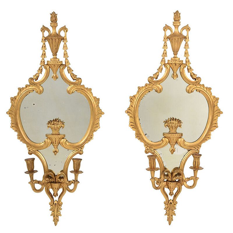 Appraisal: Pair Chippendale Style Giltwood Mirrored Sconces late th century each