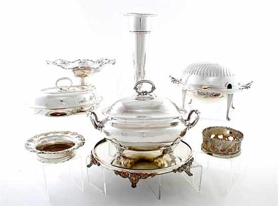 Appraisal: Collection silverplate tablewares and objects English revolving breakfast warmer H