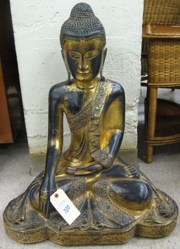 Appraisal: SEATED THAI PARCEL-GILT WOOD BUDDHA Mahaparinirvana Sukhothai style carved in