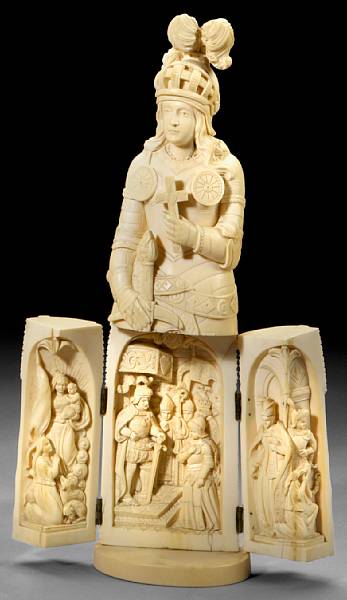 Appraisal: A French carved ivory triptych figure of Joan of Arc