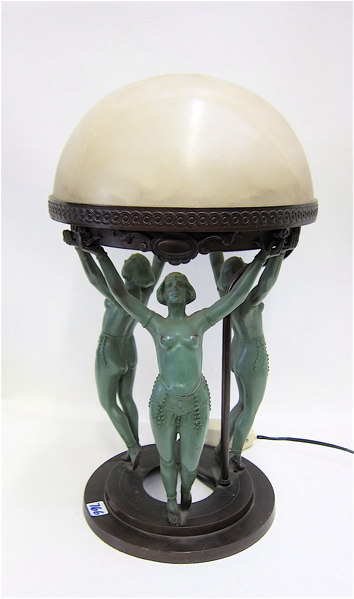 Appraisal: ART DECO FIGURAL TABLE LAMP featuring three verde spelter female