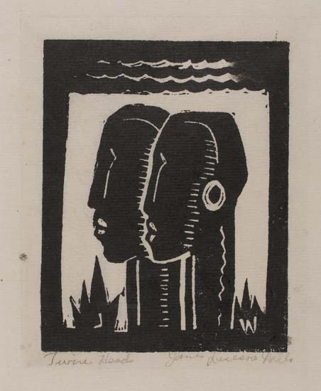 Appraisal: JAMES LESESNE WELLS - Twin Heads Woodcut printed on thin