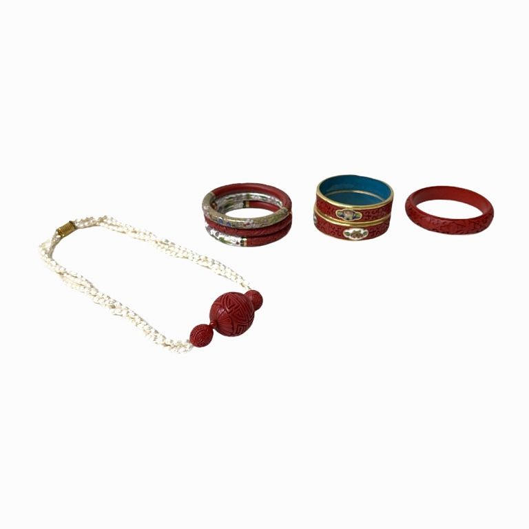 Appraisal: Chinese Cinnabar Lacquer and Cloisonne Bracelets Assorted cinnabar lacquer and