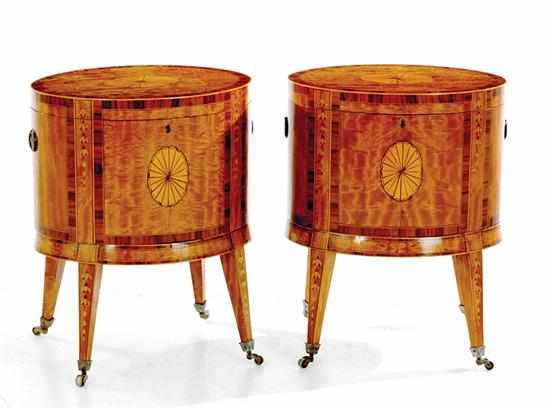 Appraisal: Pair Hepplewhite style inlaid mahogany wine coolers hinged oval top