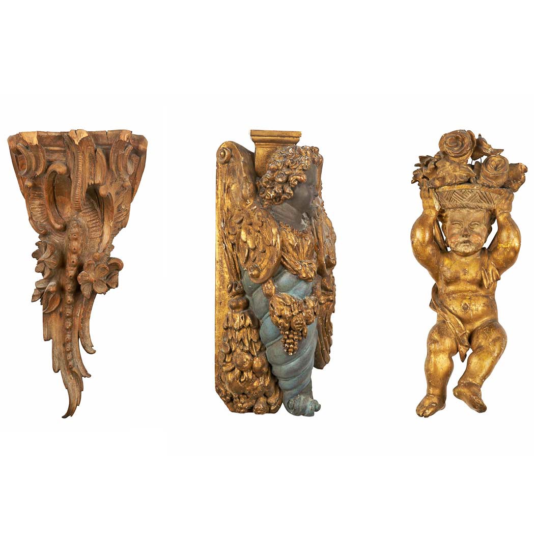 Appraisal: Two Carved Wood Architectural Elements Together with a Gilt-Wood Figure