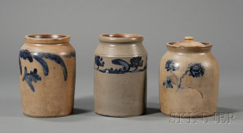 Appraisal: Three Small Cobalt-decorated Stoneware Jars America mid to late th