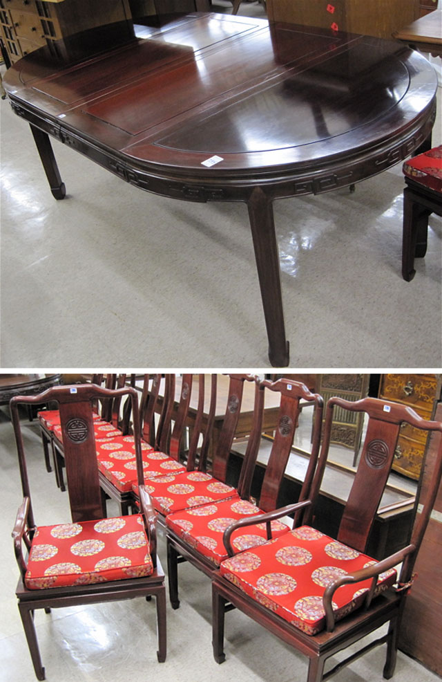 Appraisal: CHINESE ROSEWOOD DINING TABLE AND CHAIR SET comprising round dining