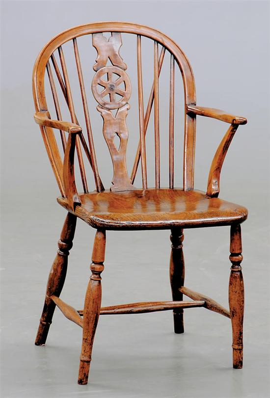 Appraisal: Oak Windsor chair th century hoop back with spindles flanking