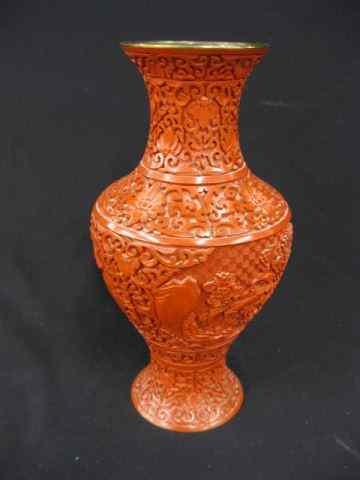 Appraisal: Chinese Cinnabar Vase elaborate floral '' excellent