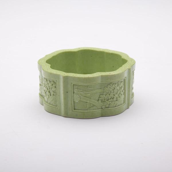 Appraisal: Lime Green Carved Brushwasher Mark of Wang Bingrong The interior