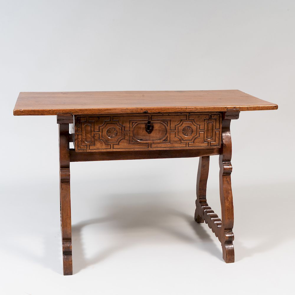 Appraisal: Iberian Fruitwood Trestle Table Fitted with a single drawer adapted