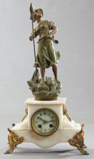 Appraisal: French Patinated Spelter Clock and Alabaster Figur French Patinated Spelter