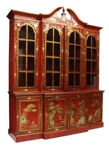 Appraisal: Chinoiserie breakfront bookcase th c parcel gilt red lacquered finish