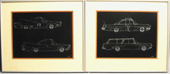 Appraisal: Pair of Benjamin Brown Hand-drawn Race Cars with linen mats