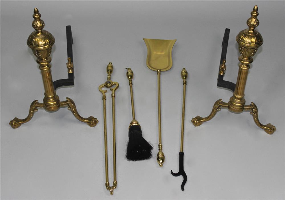 Appraisal: PAIR OF BRASS URN FINIAL ANDIRONS TOGETHER WITH A FOUR-PIECE