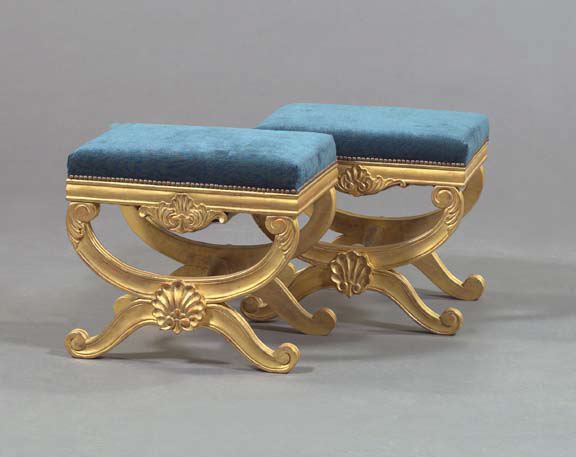 Appraisal: Pair of Regency-Style Giltwood Stools of curule form each with