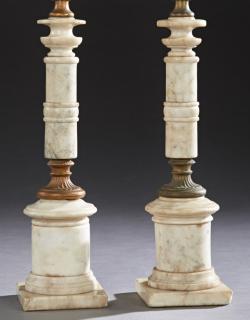 Appraisal: Pair of Carved Alabaster and Gilt Spelter Columnar Lamps th