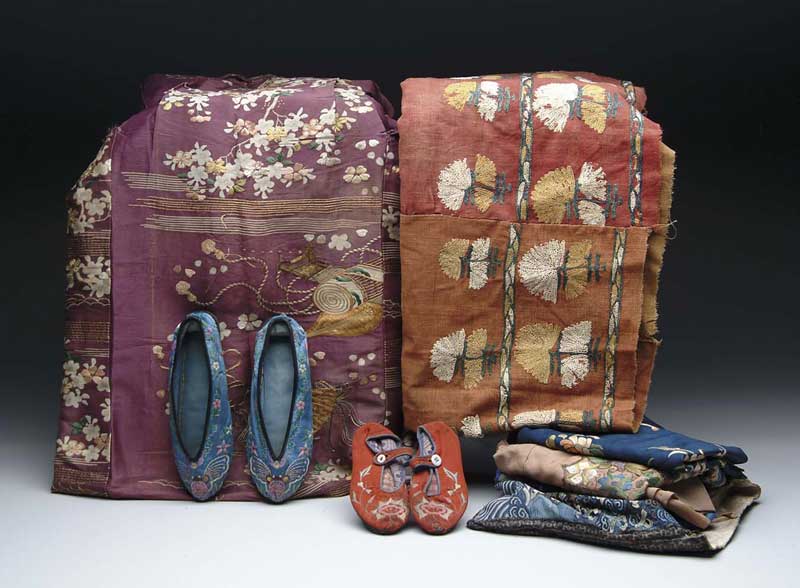 Appraisal: LOT OF ORIENTAL TEXTILES Includes two pair of slippers some