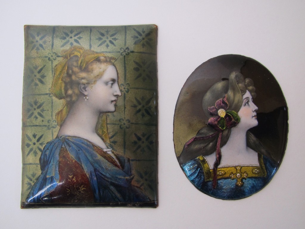 Appraisal: An enamel portrait miniature after Botticelli of a female maiden