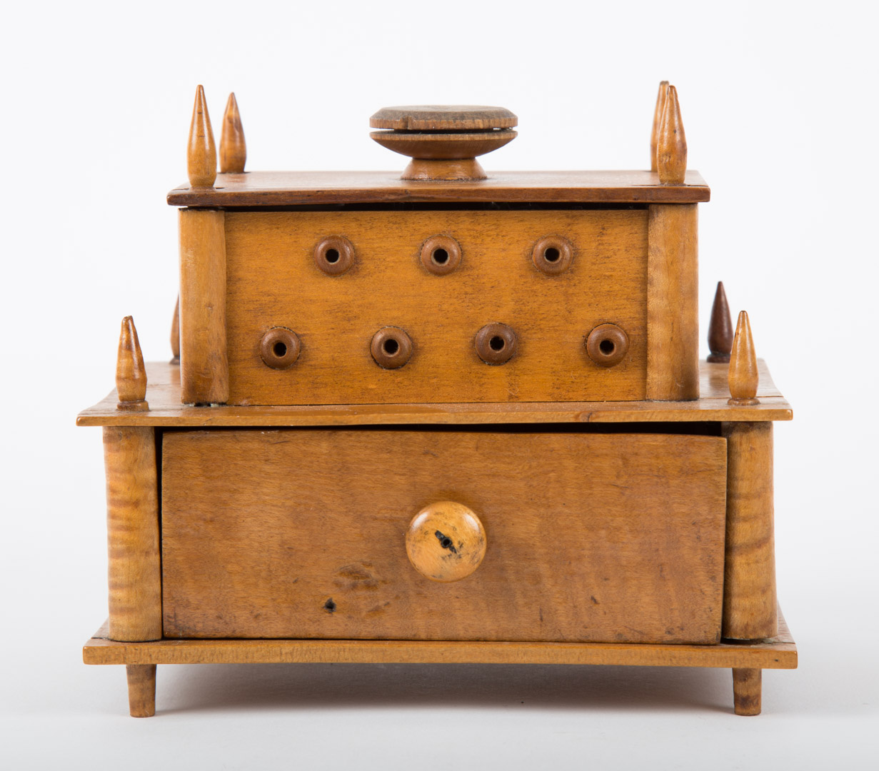 Appraisal: American vernacular tiger maple sewing thread box mid- th century