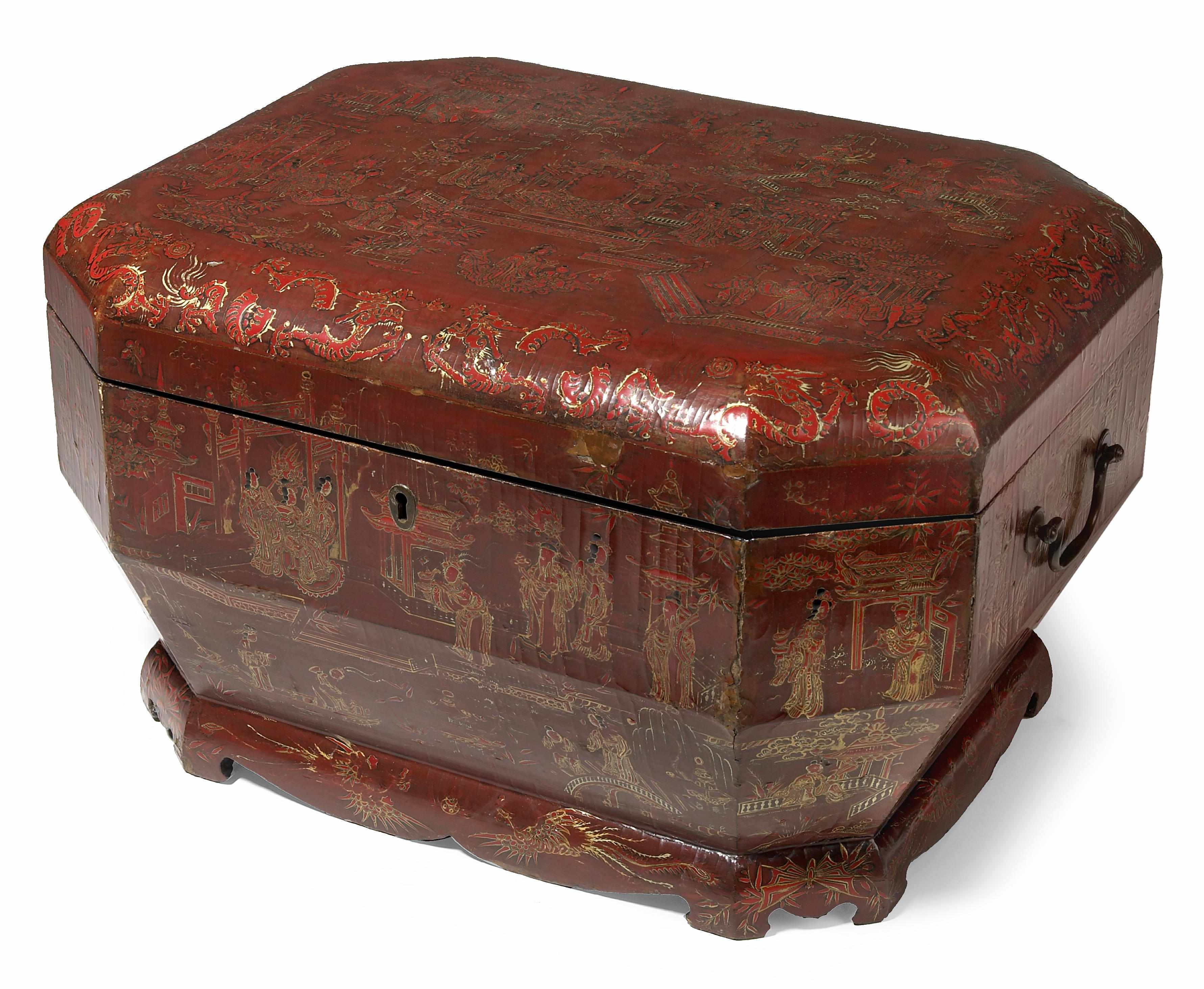 Appraisal: A Chinese Export scarlet lacquered and parcel gilt work box