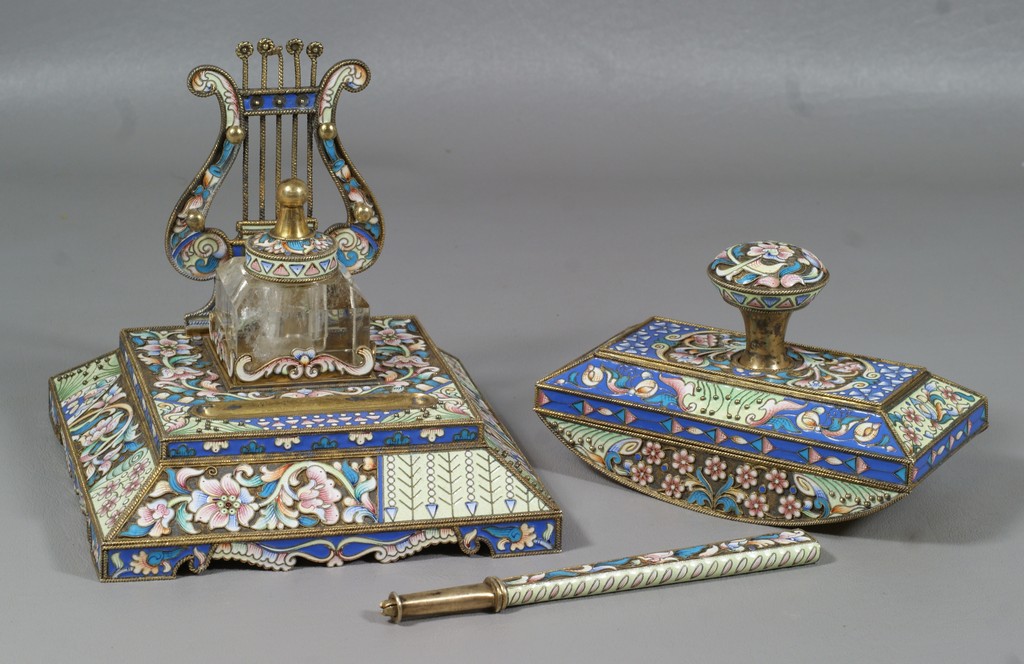 Appraisal: pc Imperial Russian gilt silver enameled desk set c o