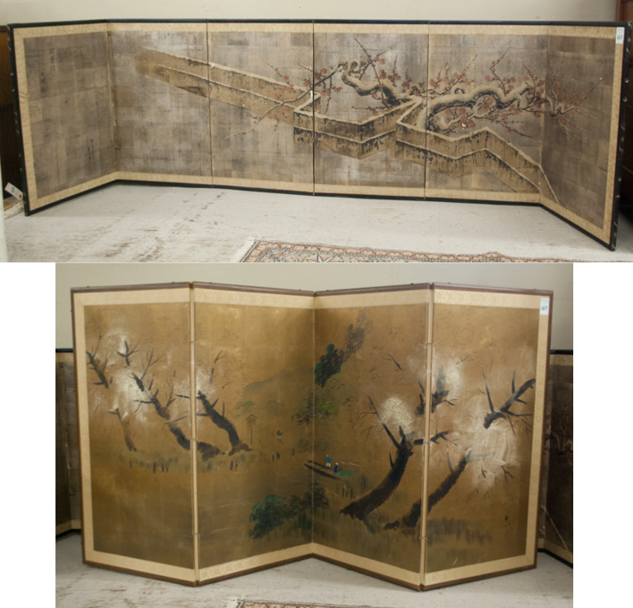 Appraisal: TWO PAINTED PAPER SCREENS Japanese th century a -panel landscape