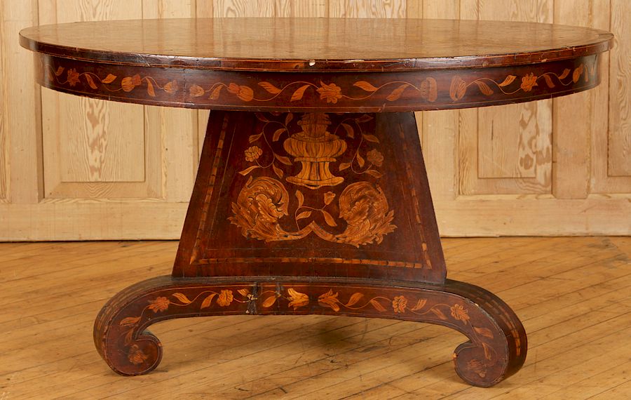 Appraisal: DUTCH MARQUETRY MAHOGANY INLAID COFFEE TABLE A Dutch marquetry mahogany