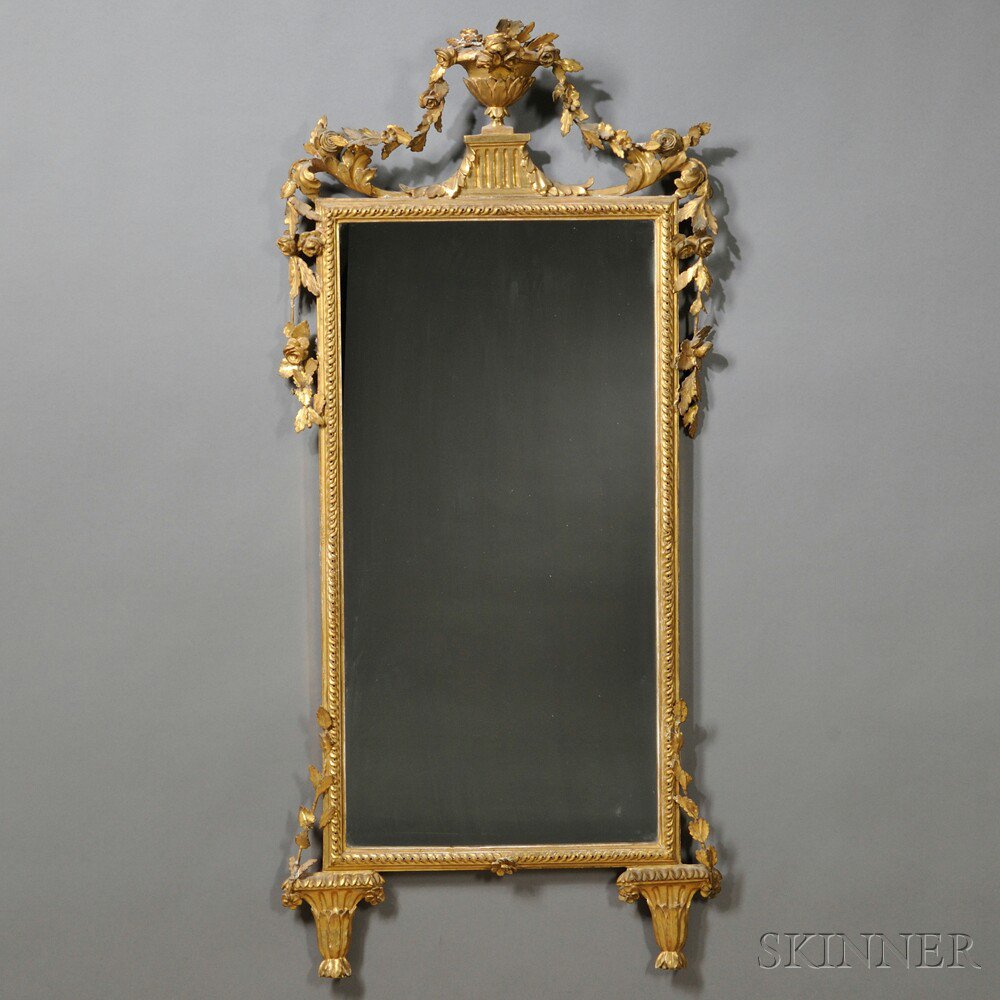 Appraisal: Louis XVI-style Giltwood Mirror th century with urn finial flanked