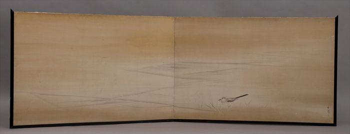 Appraisal: JAPANESE TWO-FOLD SCREEN ATTRIBUTED TO MATSUMURA GOSHUN WAGTAIL AND REEDS