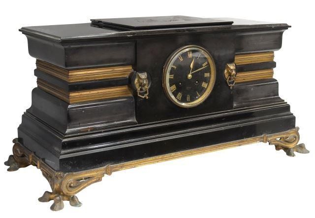 Appraisal: French slate-cased mantel clock late th c rectangular case with