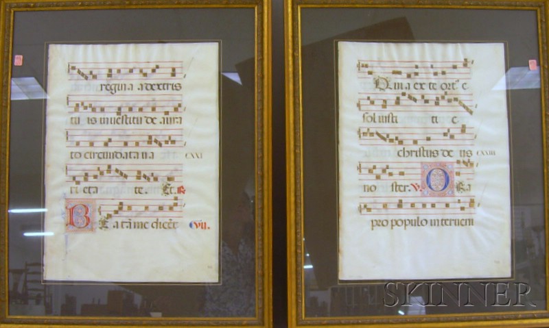 Appraisal: Two Framed Illuminated Choral Sheet Music Manuscript Leaves