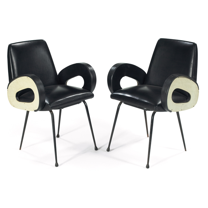 Appraisal: French armchairs pair black vinyl seats with sculptural armrests with