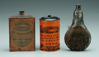 Appraisal: Three gunpowder tins one flask shaped marked quot Telegraph Sporting