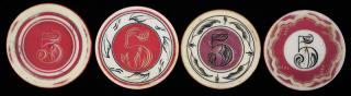 Appraisal: Four Scrimshawed Ivory Poker Chips with Red Centers or Red