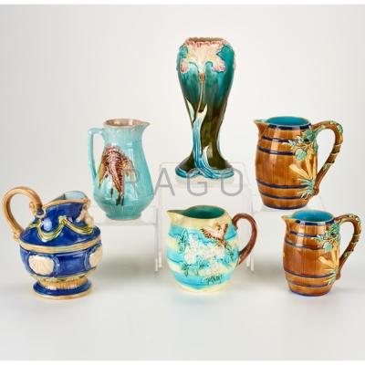 Appraisal: EUROPEAN MAJOLICA Five pitchers and a vase decorated with flowers