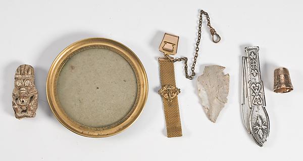 Appraisal: STERLING POCKET KNIFE MESH WATCH FOB THIMBLE AND FRAME PLUS