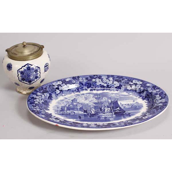 Appraisal: Wedgwood Ferrara platter and Fenton Osaka cracker jar blue and