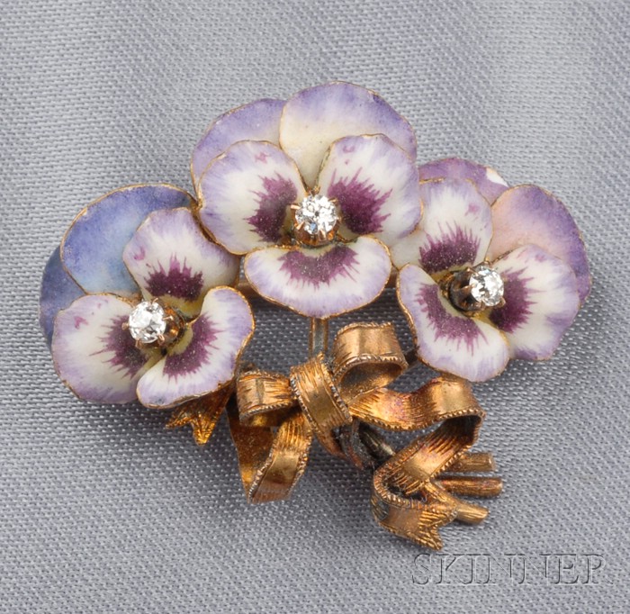 Appraisal: Antique kt Gold Enamel and Diamond Pansy Pin designed as