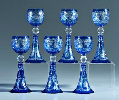 Appraisal: Six intaglio cut stems finely decorated cobalt cut to clear