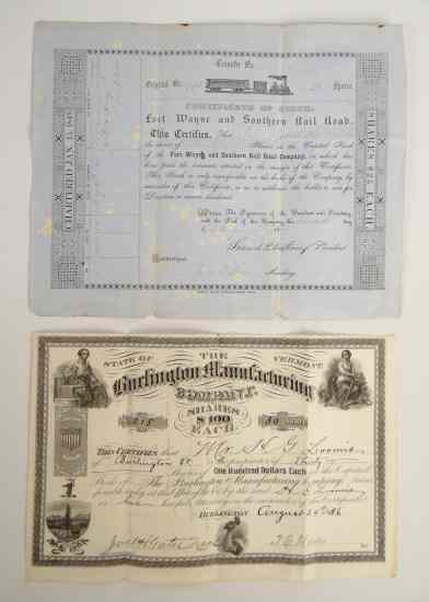 Appraisal: Lot two certicates including Dated ''Fort Wayne Southern Railroad ''