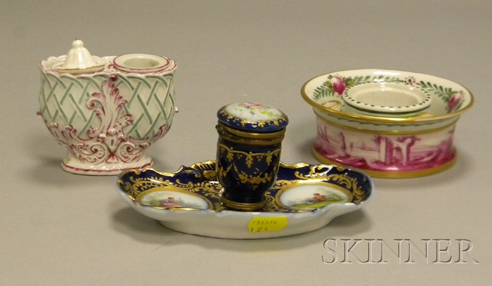 Appraisal: Three European Gilt and Hand-painted Porcelain Inkstands including two French