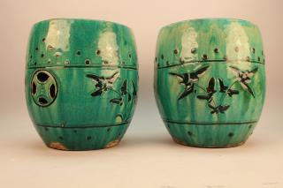 Appraisal: Pair of Chinese Glazed Terracotta Garden Seats Pair of Teal