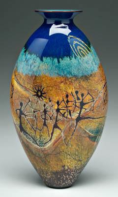 Appraisal: Richard Satava art glass vase ovoid with hunters pursuing deer